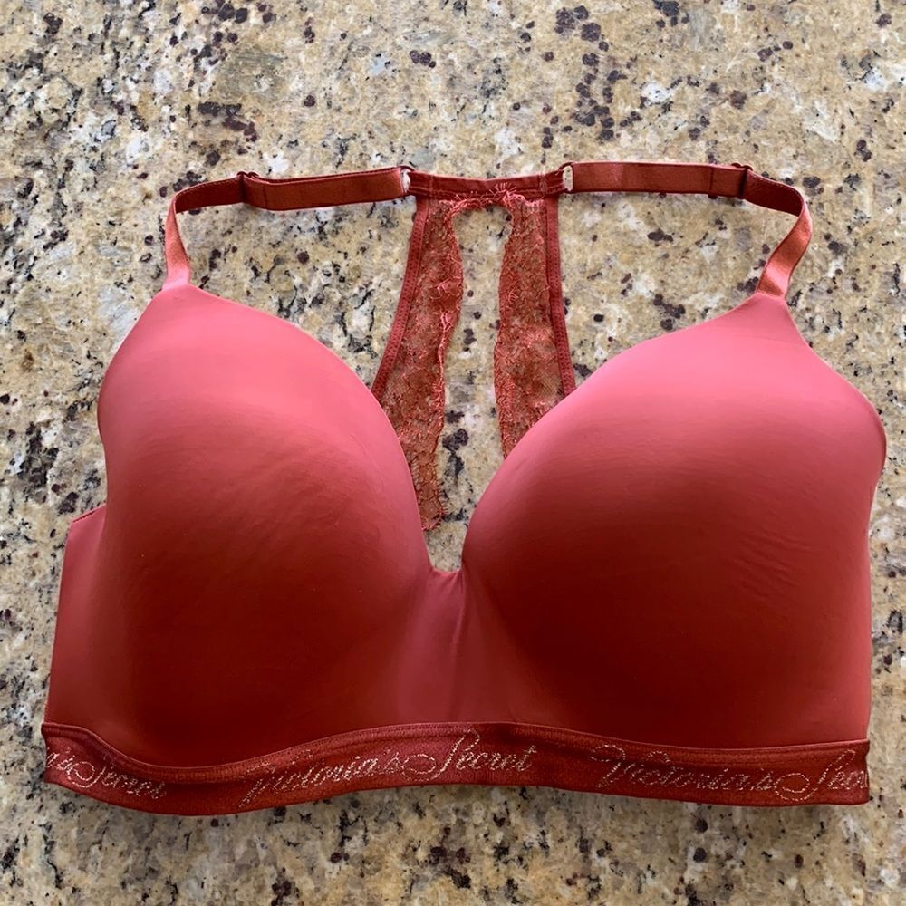 Victoria's Secret Bra t-shirt lightly‎ lined wireless Rust Lace Racerback 38DD